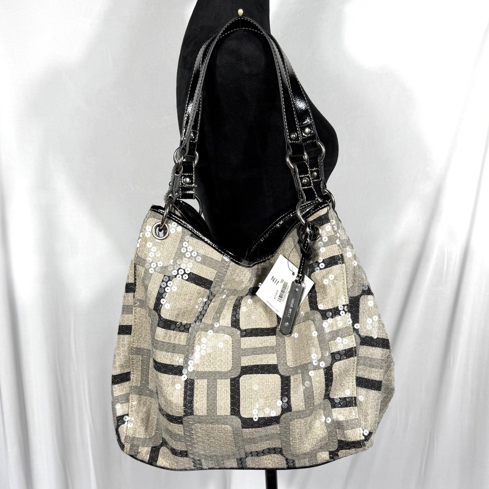 NWT Nine West Vegas Photo Sequin Tote Shoulder Hobo Bag Purse Gray Blk Vtg Y2K